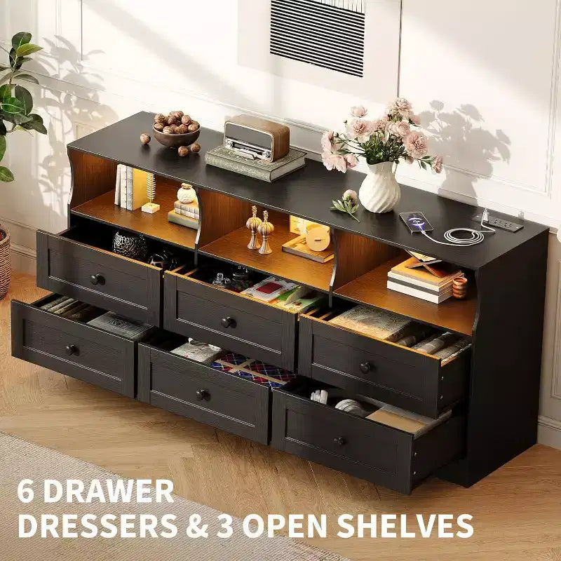 Commode 6 tiroirs de 160 cm avec lumières RGB et prise de courant, commode en bois avec étagères ouvertes, pour salon, chambre, entrée
