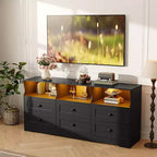 Commode 6 tiroirs de 160 cm avec lumières RGB et prise de courant, commode en bois avec étagères ouvertes, pour salon, chambre, entrée