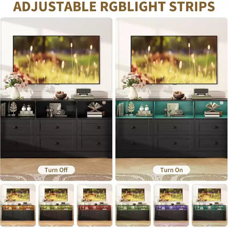 Commode 6 tiroirs de 160 cm avec lumières RGB et prise de courant, commode en bois avec étagères ouvertes, pour salon, chambre, entrée
