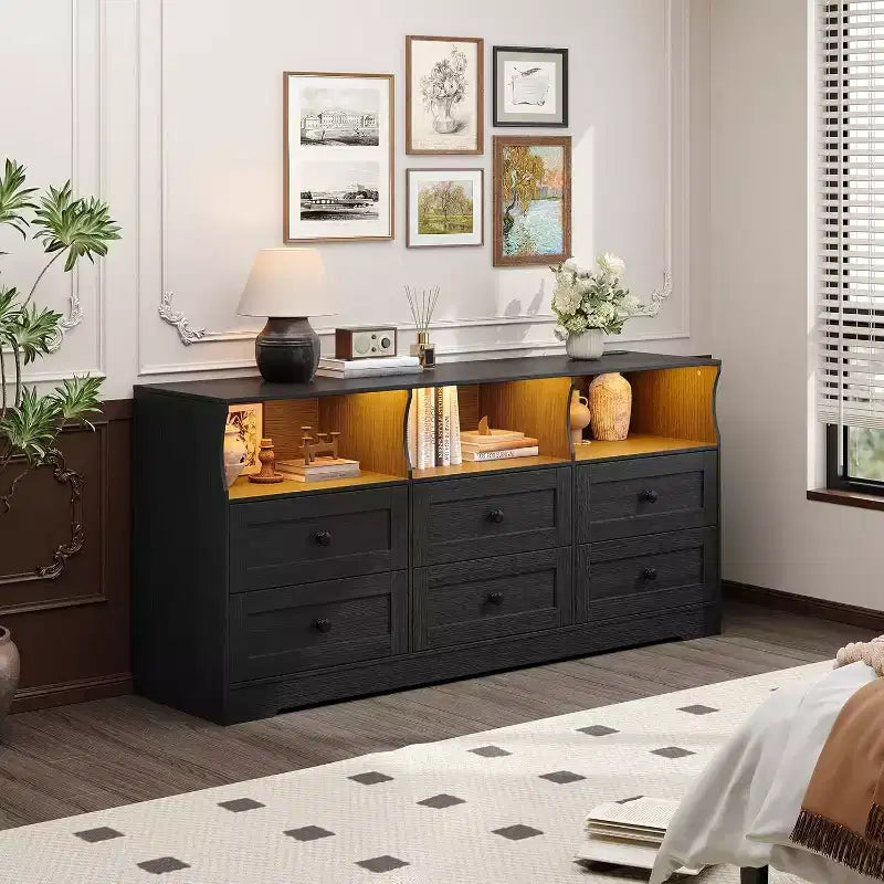 63 Inch 6 Drawer Dresser with RGB Lights & Power Outlet, Wooden Chest of Drawers with Open Shelves, for Living Room, Bedroom, Entryway