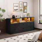 63 Inch 6 Drawer Dresser with RGB Lights & Power Outlet, Wooden Chest of Drawers with Open Shelves, for Living Room, Bedroom, Entryway