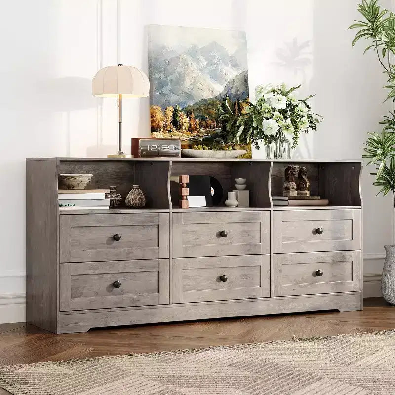 Commode 6 tiroirs de 160 cm avec lumières RGB et prise de courant, commode en bois avec étagères ouvertes, pour salon, chambre, entrée