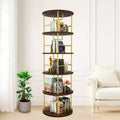 5-Tier Rotating Bookshelf, Metal & Wood 360 Stackable Spinning Bookcase Tower, Space-Saving Floor Shelf for Bedroom, Living Room, Office, Gold