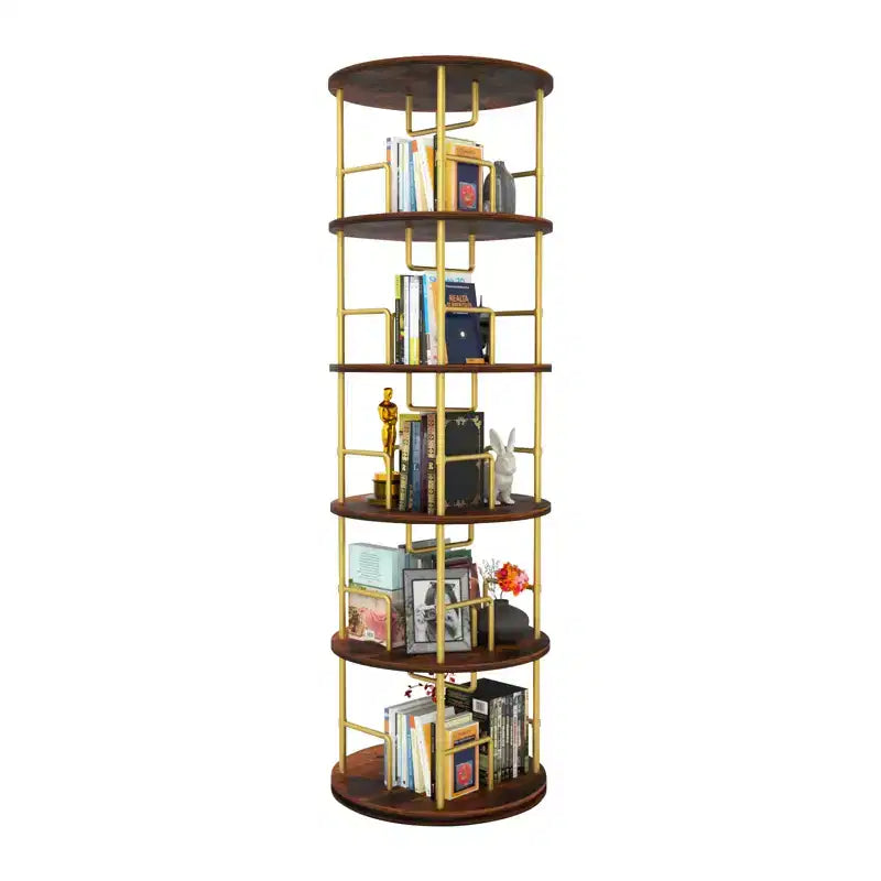 Étagère rotative à 5 niveaux, bibliothèque tournante empilable à 360° en métal et bois, étagère au sol peu encombrante pour chambre, salon, bureau, or