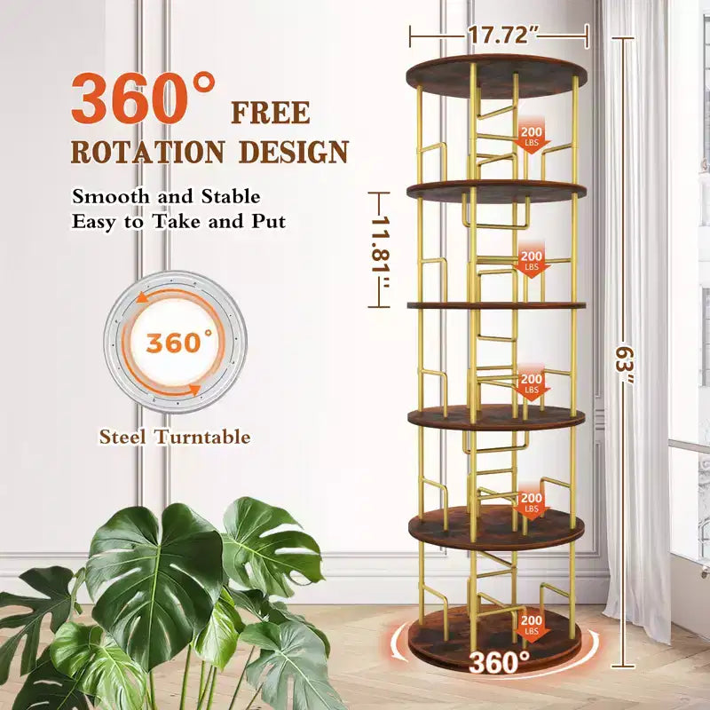 Étagère rotative à 5 niveaux, bibliothèque tournante empilable à 360° en métal et bois, étagère au sol peu encombrante pour chambre, salon, bureau, or