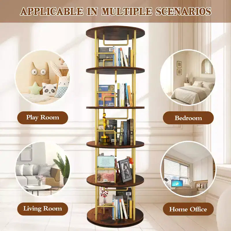 Étagère rotative à 5 niveaux, bibliothèque tournante empilable à 360° en métal et bois, étagère au sol peu encombrante pour chambre, salon, bureau, or