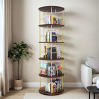 Étagère rotative à 5 niveaux, bibliothèque tournante empilable à 360° en métal et bois, étagère au sol peu encombrante pour chambre, salon, bureau, or