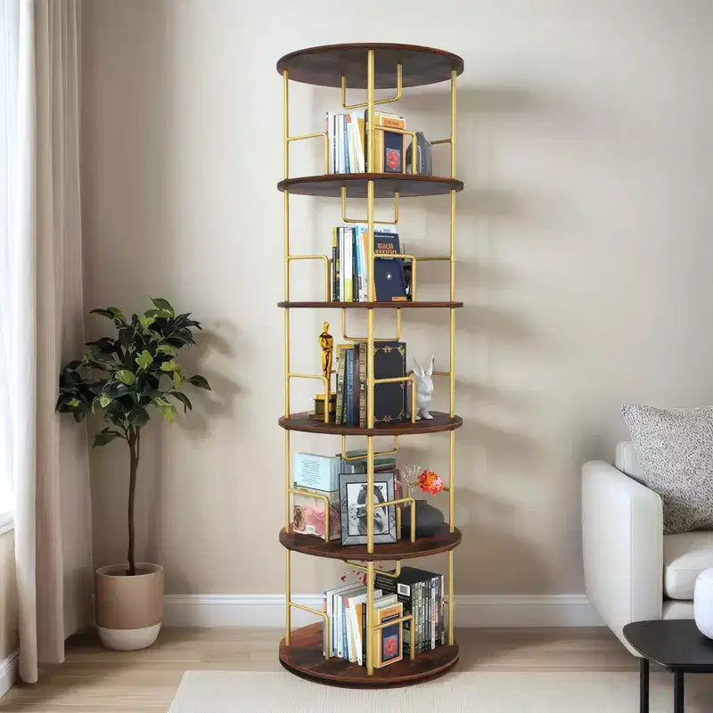 Étagère rotative à 5 niveaux, bibliothèque tournante empilable à 360° en métal et bois, étagère au sol peu encombrante pour chambre, salon, bureau, or