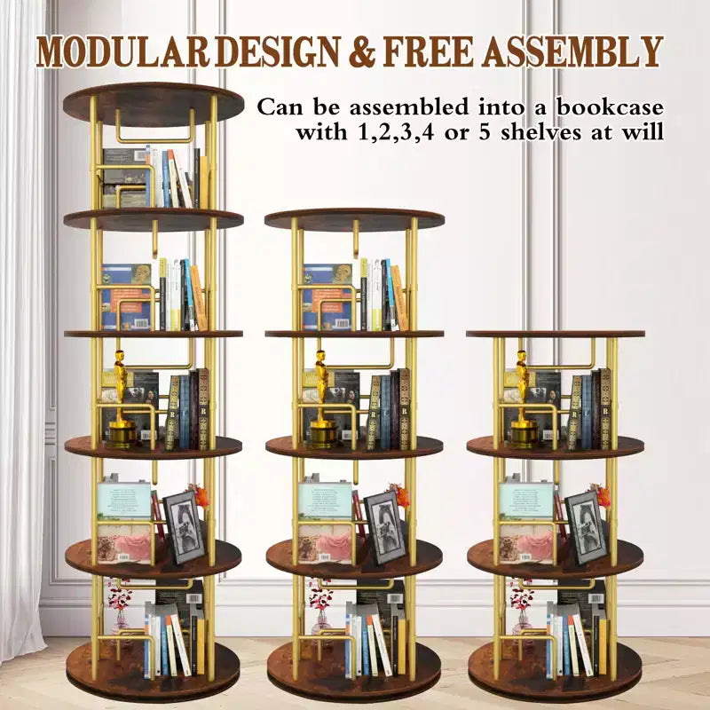 Étagère rotative à 5 niveaux, bibliothèque tournante empilable à 360° en métal et bois, étagère au sol peu encombrante pour chambre, salon, bureau, or