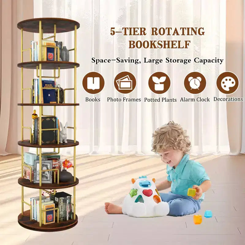 Étagère rotative à 5 niveaux, bibliothèque tournante empilable à 360° en métal et bois, étagère au sol peu encombrante pour chambre, salon, bureau, or