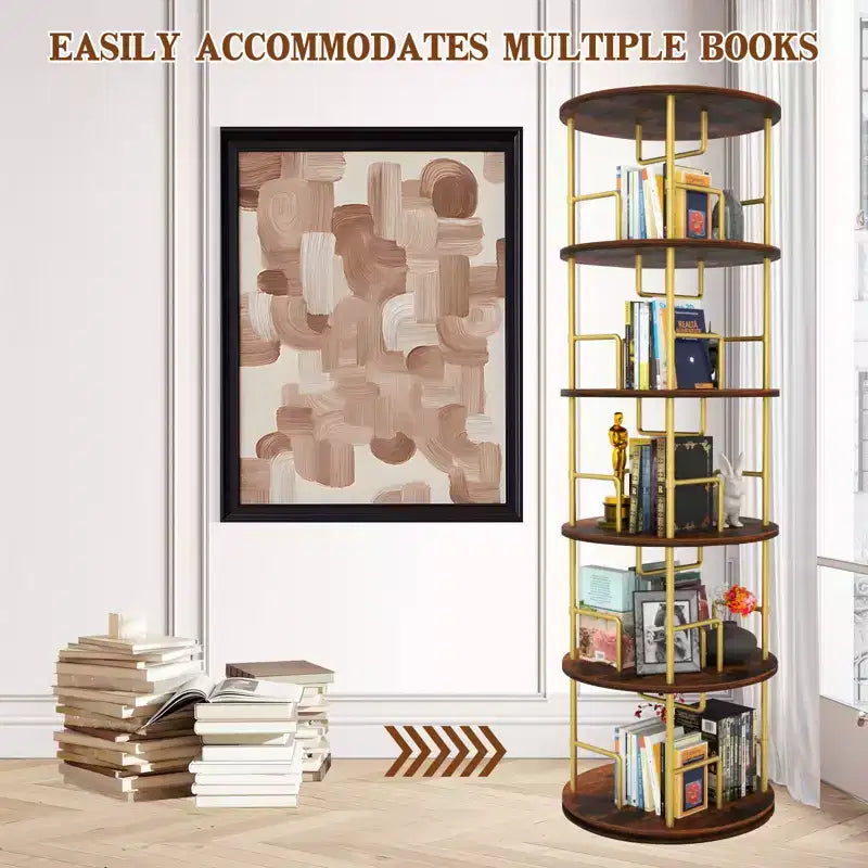 Étagère rotative à 5 niveaux, bibliothèque tournante empilable à 360° en métal et bois, étagère au sol peu encombrante pour chambre, salon, bureau, or