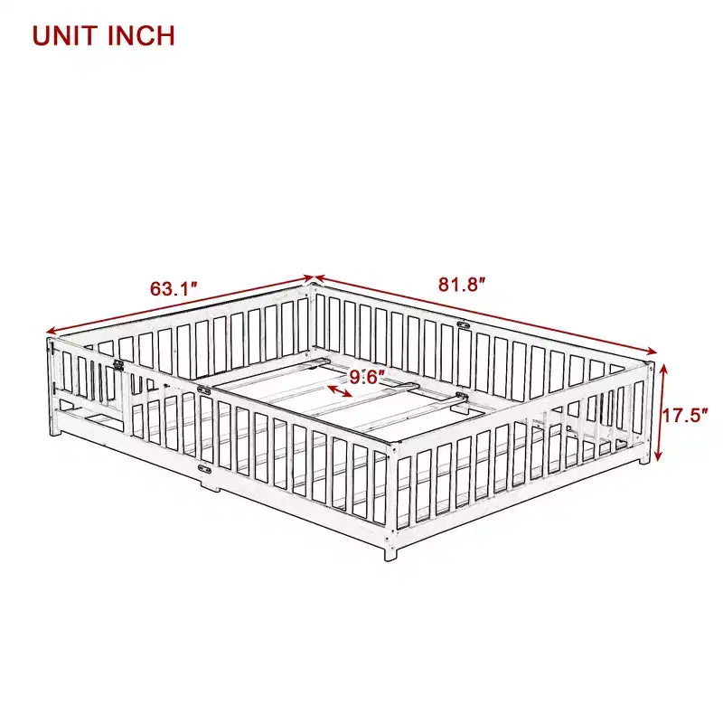 Lit Queen Size avec clôture et porte, cadre en bois d'hévéa massif, garde-corps de sécurité, grand lit au sol avec enclos et portillon