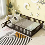 Bed Queen Size with Fence and Door, Solid Rubberwood Frame, Safety Guardrail, Large Ground Bed with Enclosure and Gate