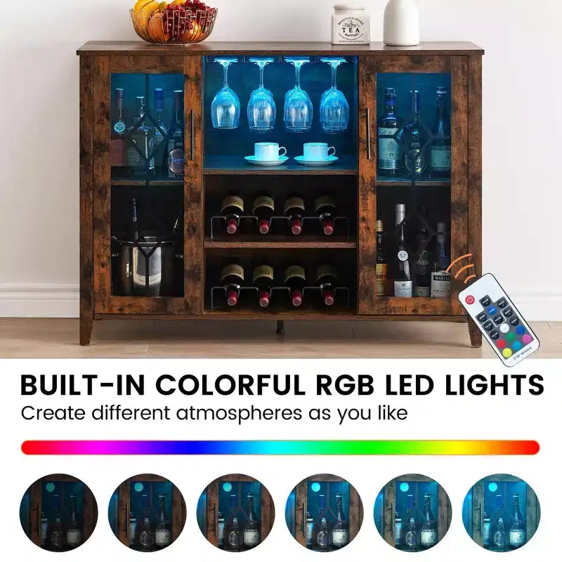 Meuble de bar en bois de 47'' avec portes en verre - Cave à vin avec étagères réglables