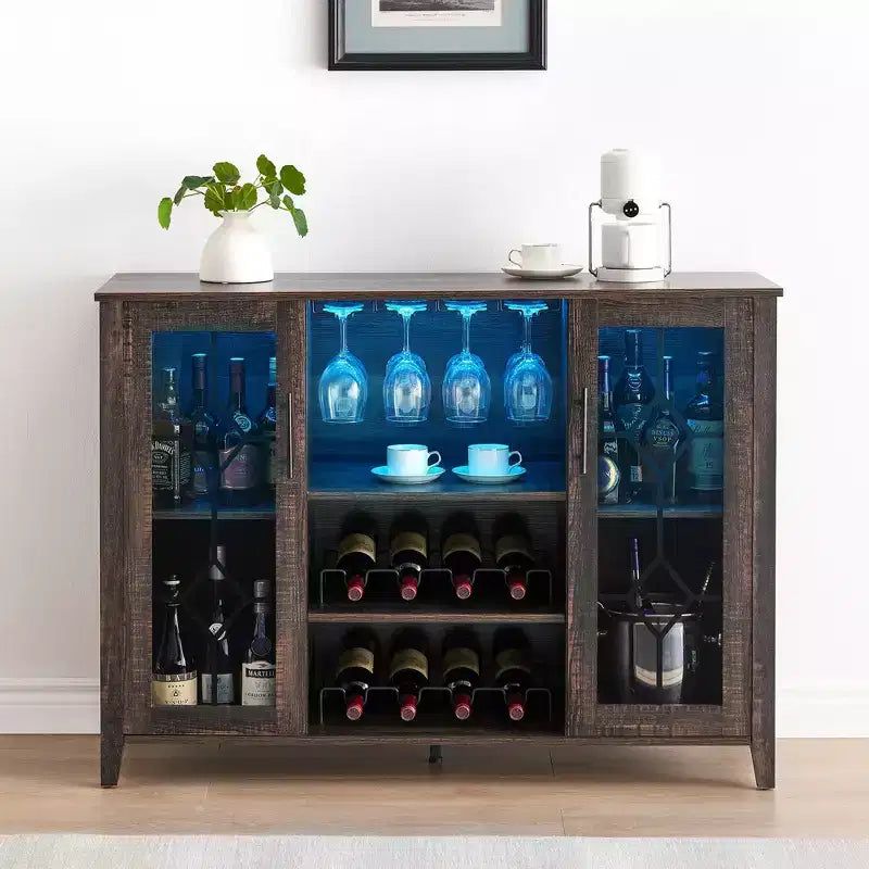 Meuble de bar en bois de 47'' avec portes en verre - Cave à vin avec étagères réglables