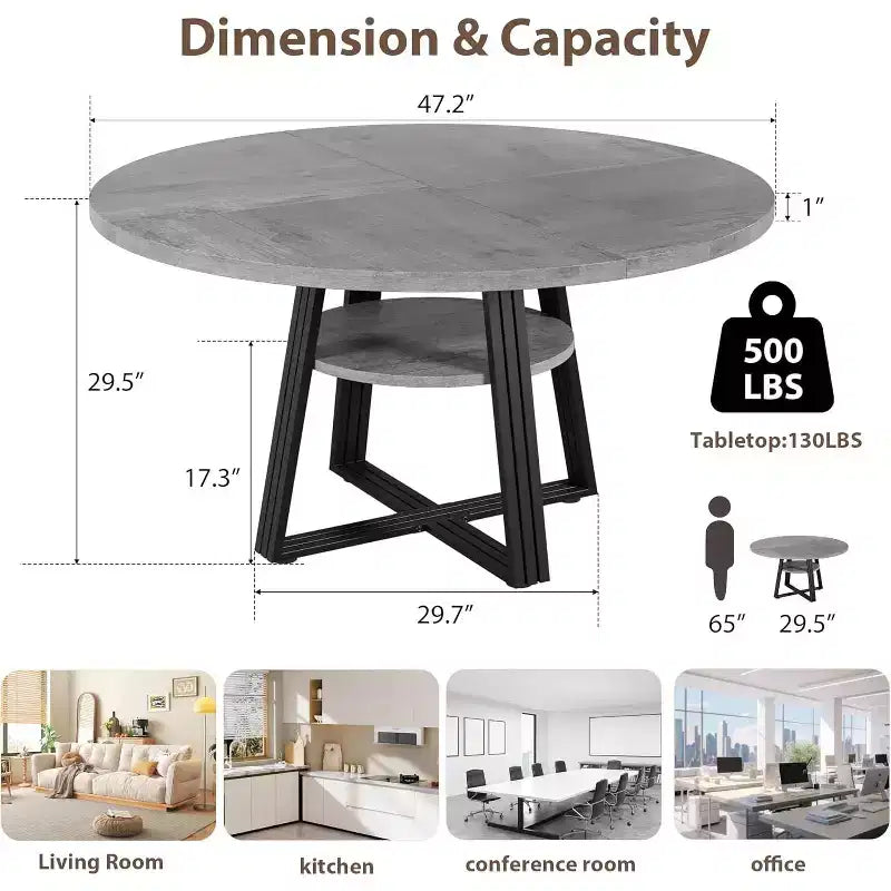 Table de salle à manger ronde pour 4 à 6 personnes, 120 cm, table de cuisine de style ferme avec rangement, tables de dîner circulaires pour cuisine, salle à manger, salon, salle de réunion