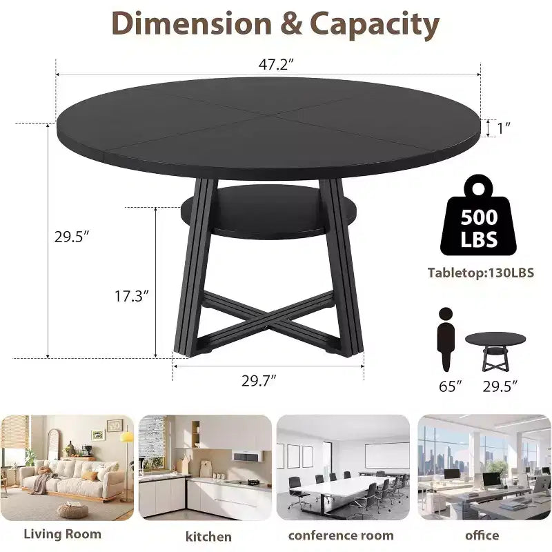 Table de salle à manger ronde pour 4 à 6 personnes, 120 cm, table de cuisine de style ferme avec rangement, tables de dîner circulaires pour cuisine, salle à manger, salon, salle de réunion