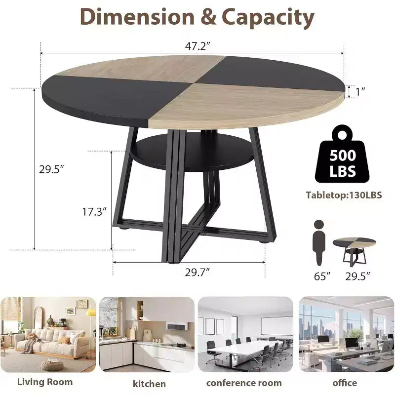 Table de salle à manger ronde pour 4 à 6 personnes, 120 cm, table de cuisine de style ferme avec rangement, tables de dîner circulaires pour cuisine, salle à manger, salon, salle de réunion
