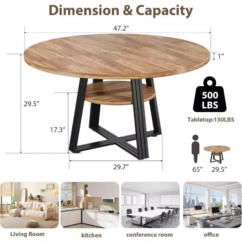 Table de salle à manger ronde pour 4 à 6 personnes, 120 cm, table de cuisine de style ferme avec rangement, tables de dîner circulaires pour cuisine, salle à manger, salon, salle de réunion