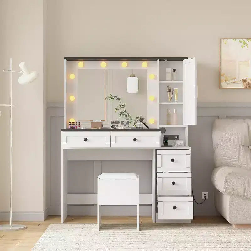 Ensemble de coiffeuse blanche avec tabouret, petite coiffeuse avec miroir éclairé, station de charge, 5 tiroirs, armoire à 3 niveaux et tabouret rembourré