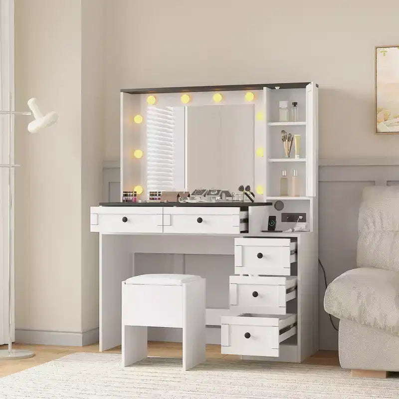 Ensemble de coiffeuse blanche avec tabouret, petite coiffeuse avec miroir éclairé, station de charge, 5 tiroirs, armoire à 3 niveaux et tabouret rembourré