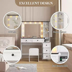Ensemble de coiffeuse blanche avec tabouret, petite coiffeuse avec miroir éclairé, station de charge, 5 tiroirs, armoire à 3 niveaux et tabouret rembourré
