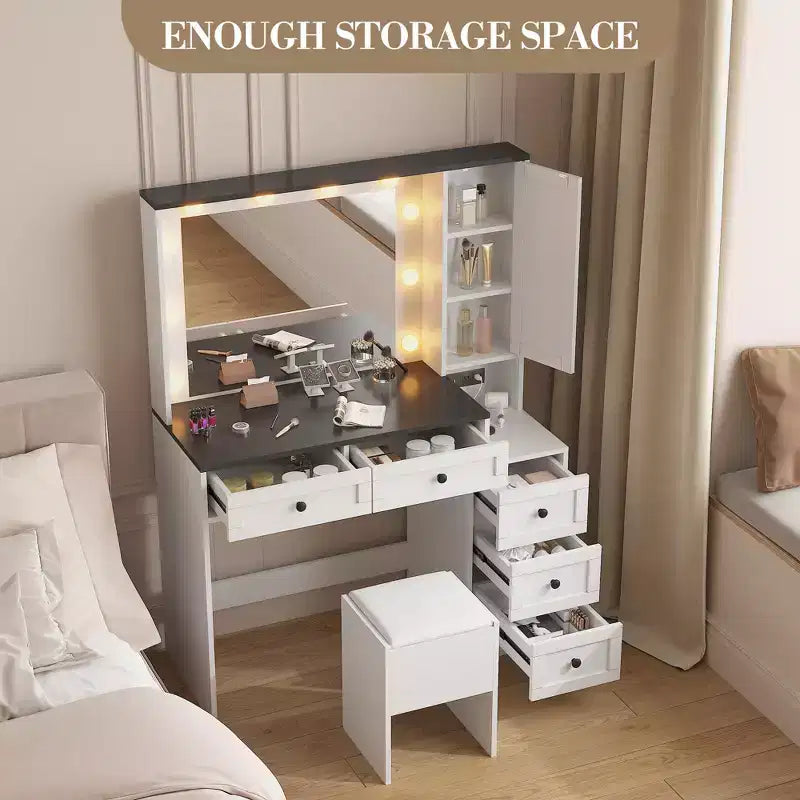 Ensemble de coiffeuse blanche avec tabouret, petite coiffeuse avec miroir éclairé, station de charge, 5 tiroirs, armoire à 3 niveaux et tabouret rembourré