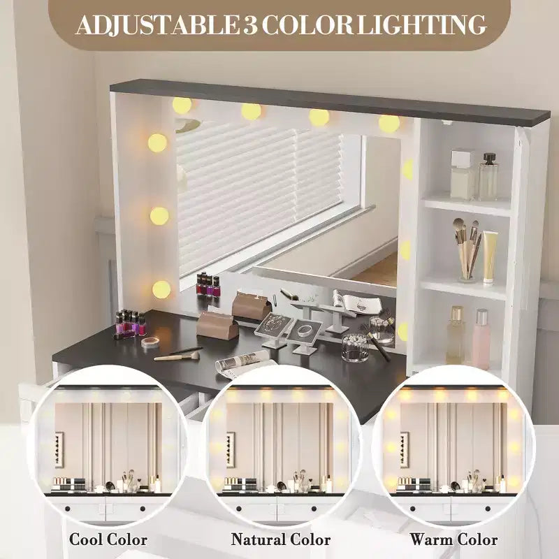 Ensemble de coiffeuse blanche avec tabouret, petite coiffeuse avec miroir éclairé, station de charge, 5 tiroirs, armoire à 3 niveaux et tabouret rembourré