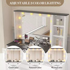 Ensemble de coiffeuse blanche avec tabouret, petite coiffeuse avec miroir éclairé, station de charge, 5 tiroirs, armoire à 3 niveaux et tabouret rembourré
