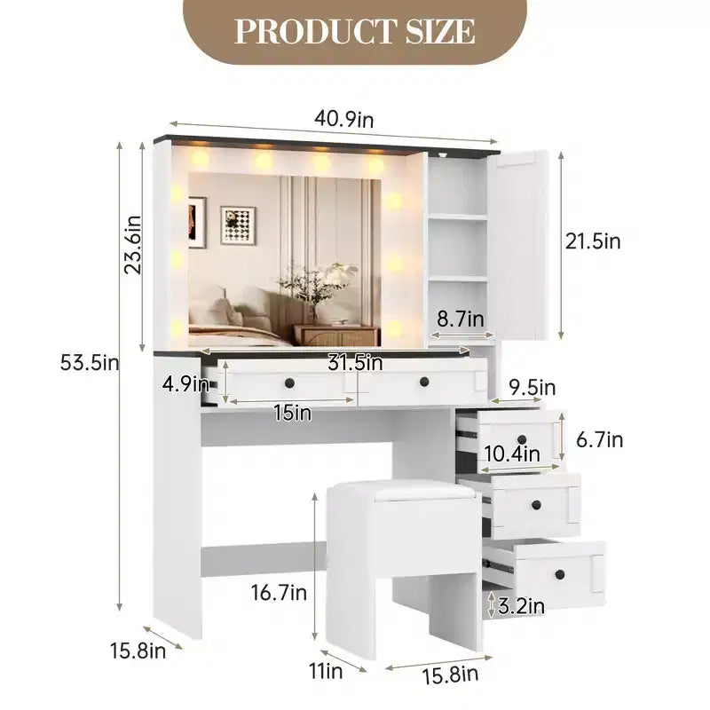 Ensemble de coiffeuse blanche avec tabouret, petite coiffeuse avec miroir éclairé, station de charge, 5 tiroirs, armoire à 3 niveaux et tabouret rembourré