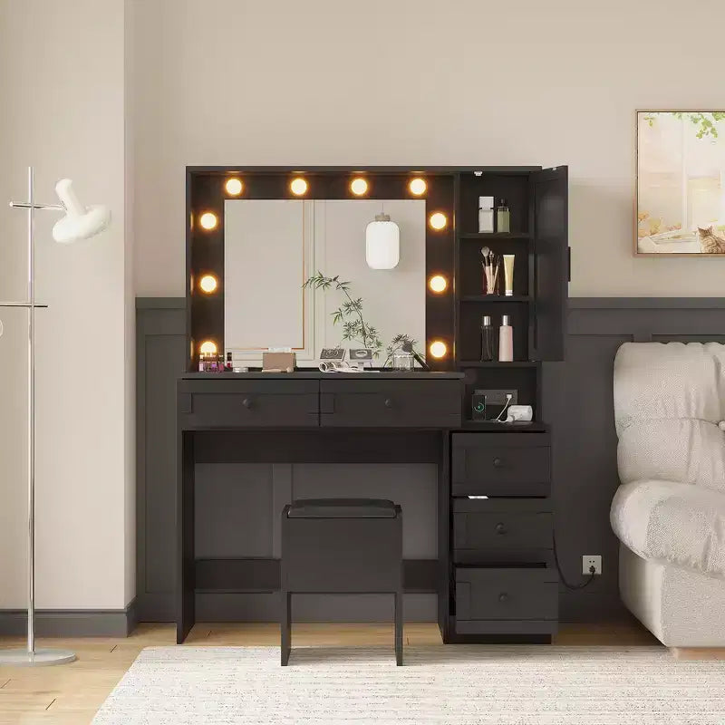 Ensemble de coiffeuse blanche avec tabouret, petite coiffeuse avec miroir éclairé, station de charge, 5 tiroirs, armoire à 3 niveaux et tabouret rembourré