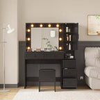 Ensemble de coiffeuse blanche avec tabouret, petite coiffeuse avec miroir éclairé, station de charge, 5 tiroirs, armoire à 3 niveaux et tabouret rembourré