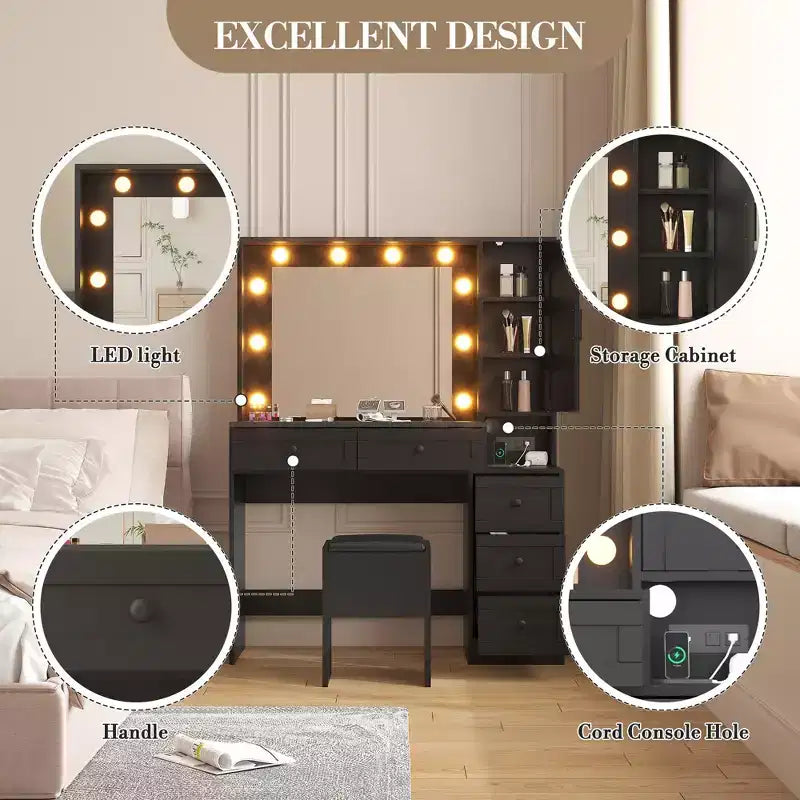 Ensemble de coiffeuse blanche avec tabouret, petite coiffeuse avec miroir éclairé, station de charge, 5 tiroirs, armoire à 3 niveaux et tabouret rembourré