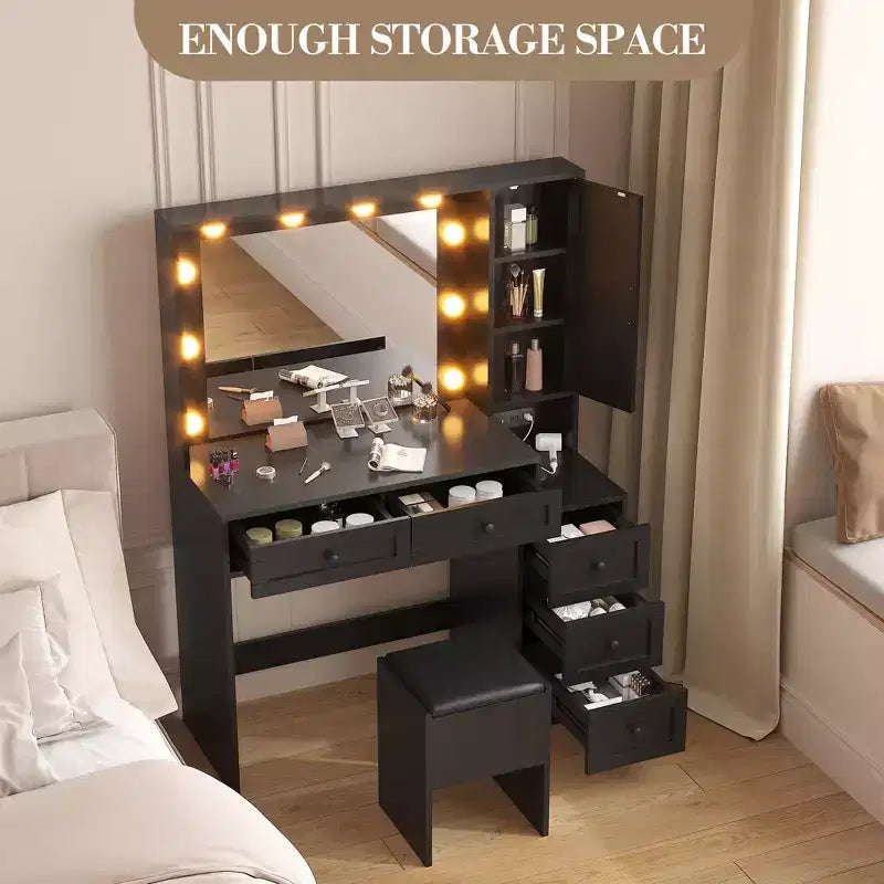 Ensemble de coiffeuse blanche avec tabouret, petite coiffeuse avec miroir éclairé, station de charge, 5 tiroirs, armoire à 3 niveaux et tabouret rembourré
