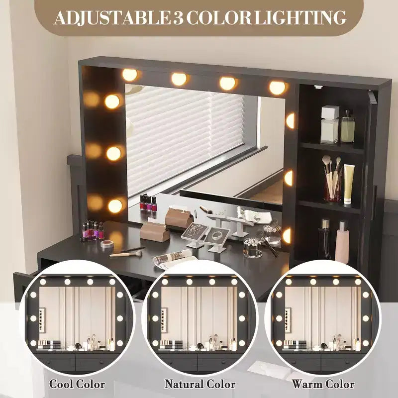 Ensemble de coiffeuse blanche avec tabouret, petite coiffeuse avec miroir éclairé, station de charge, 5 tiroirs, armoire à 3 niveaux et tabouret rembourré