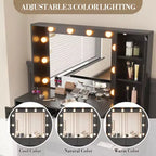 Ensemble de coiffeuse blanche avec tabouret, petite coiffeuse avec miroir éclairé, station de charge, 5 tiroirs, armoire à 3 niveaux et tabouret rembourré