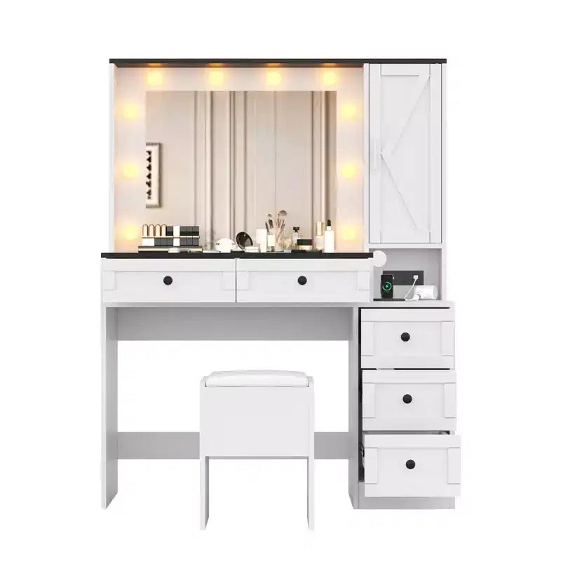 Ensemble de coiffeuse blanche avec tabouret, petite coiffeuse avec miroir éclairé, station de charge, 5 tiroirs, armoire à 3 niveaux et tabouret rembourré