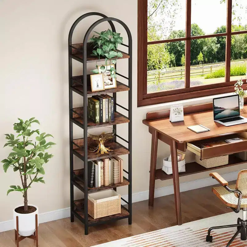 Bibliothèque haute Lantine 78.7, étagère fine à 6 niveaux avec cadre métallique, étagère étroite industrielle pour salon, bureau, chambre à coucher, marron rustique