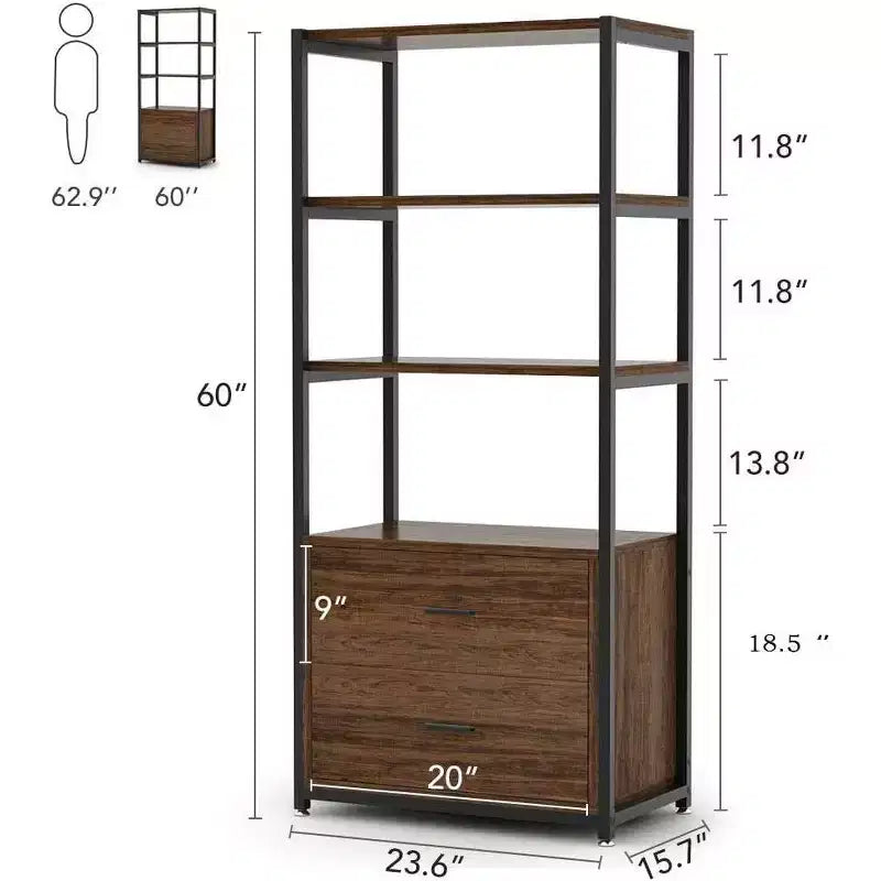 Bibliothèque Lantine, étagère rustique à 4 niveaux avec 2 tiroirs, étagère standard pour livres et objets de décoration pour le bureau à domicile