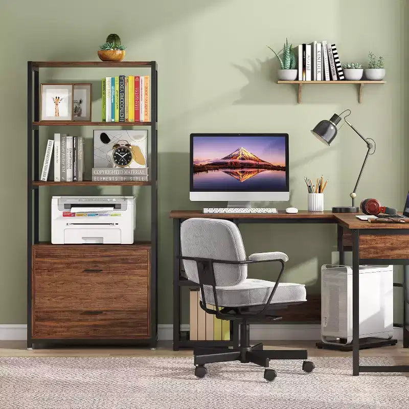 Bibliothèque Lantine, étagère rustique à 4 niveaux avec 2 tiroirs, étagère standard pour livres et objets de décoration pour le bureau à domicile