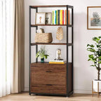 Bibliothèque Lantine, étagère rustique à 4 niveaux avec 2 tiroirs, étagère standard pour livres et objets de décoration pour le bureau à domicile