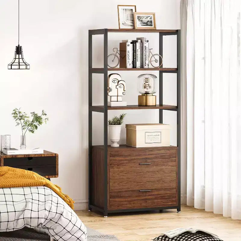 Bibliothèque Lantine, étagère rustique à 4 niveaux avec 2 tiroirs, étagère standard pour livres et objets de décoration pour le bureau à domicile