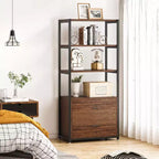 Bibliothèque Lantine, étagère rustique à 4 niveaux avec 2 tiroirs, étagère standard pour livres et objets de décoration pour le bureau à domicile