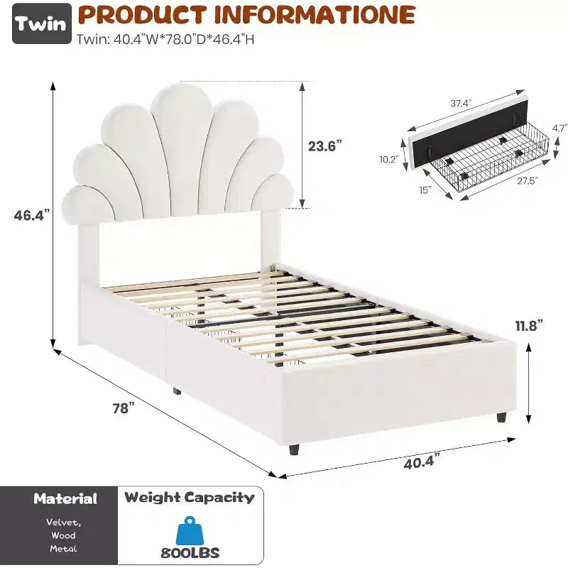 Cadre de lit double en velours avec tête de lit réglable et 2 tiroirs de rangement, support à lattes en bois massif, pas besoin de sommier tapissier pour chambre d'enfant