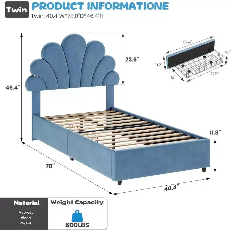Cadre de lit double en velours avec tête de lit réglable et 2 tiroirs de rangement, support à lattes en bois massif, pas besoin de sommier tapissier pour chambre d'enfant