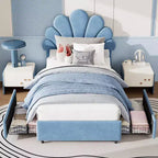 Twin Princess Velvet Bed Frame with Adjustable Headboard & 2 Storage Drawers, Solid Wood Slat Support, No Box Spring Needed for Kids' Room