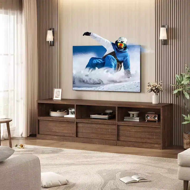 Meuble TV scandinave de 177,8 cm pour téléviseurs jusqu'à 203,2 cm, meuble de divertissement en bois avec 3 tiroirs et étagères ouvertes