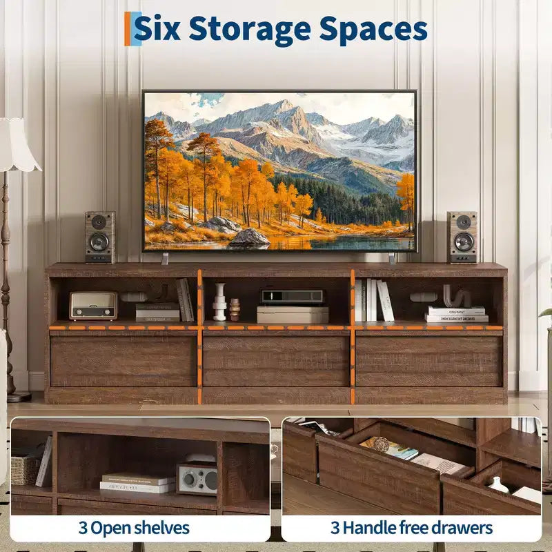 Meuble TV scandinave de 177,8 cm pour téléviseurs jusqu'à 203,2 cm, meuble de divertissement en bois avec 3 tiroirs et étagères ouvertes