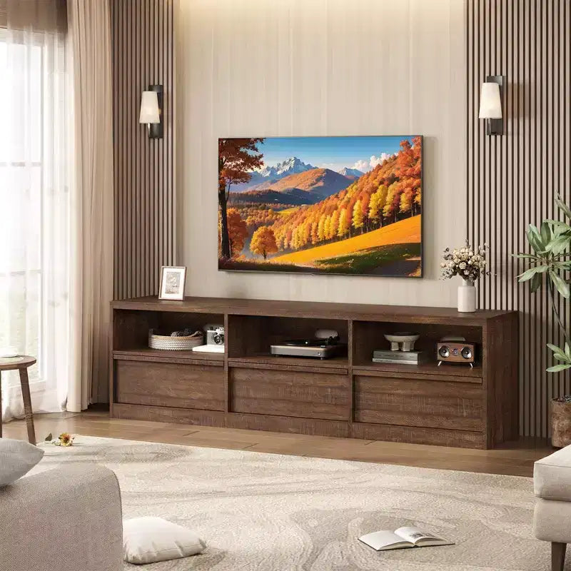 Meuble TV scandinave de 177,8 cm pour téléviseurs jusqu'à 203,2 cm, meuble de divertissement en bois avec 3 tiroirs et étagères ouvertes