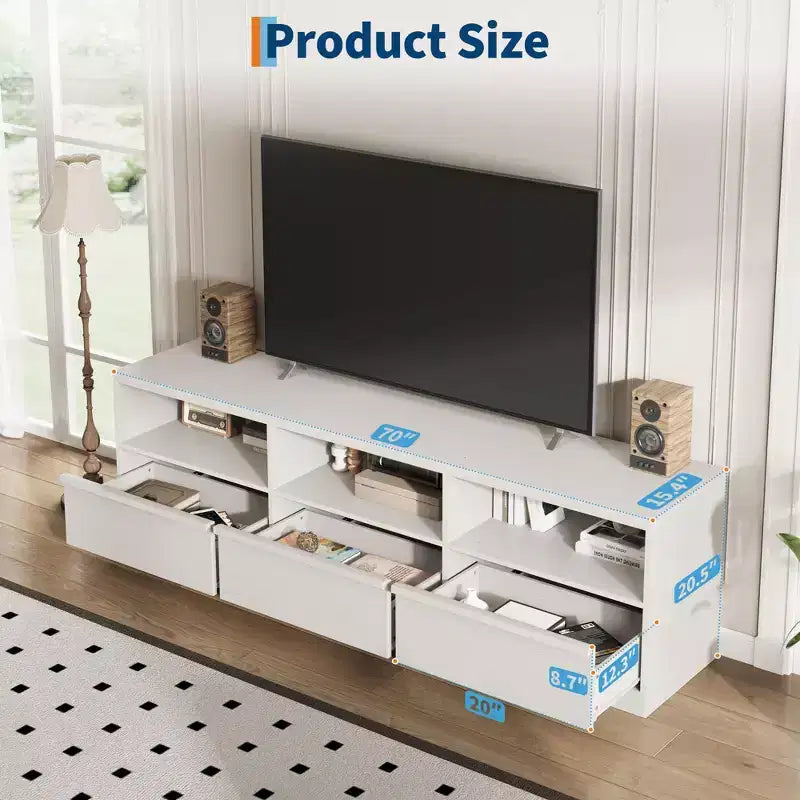 Meuble TV scandinave de 177,8 cm pour téléviseurs jusqu'à 203,2 cm, meuble de divertissement en bois avec 3 tiroirs et étagères ouvertes